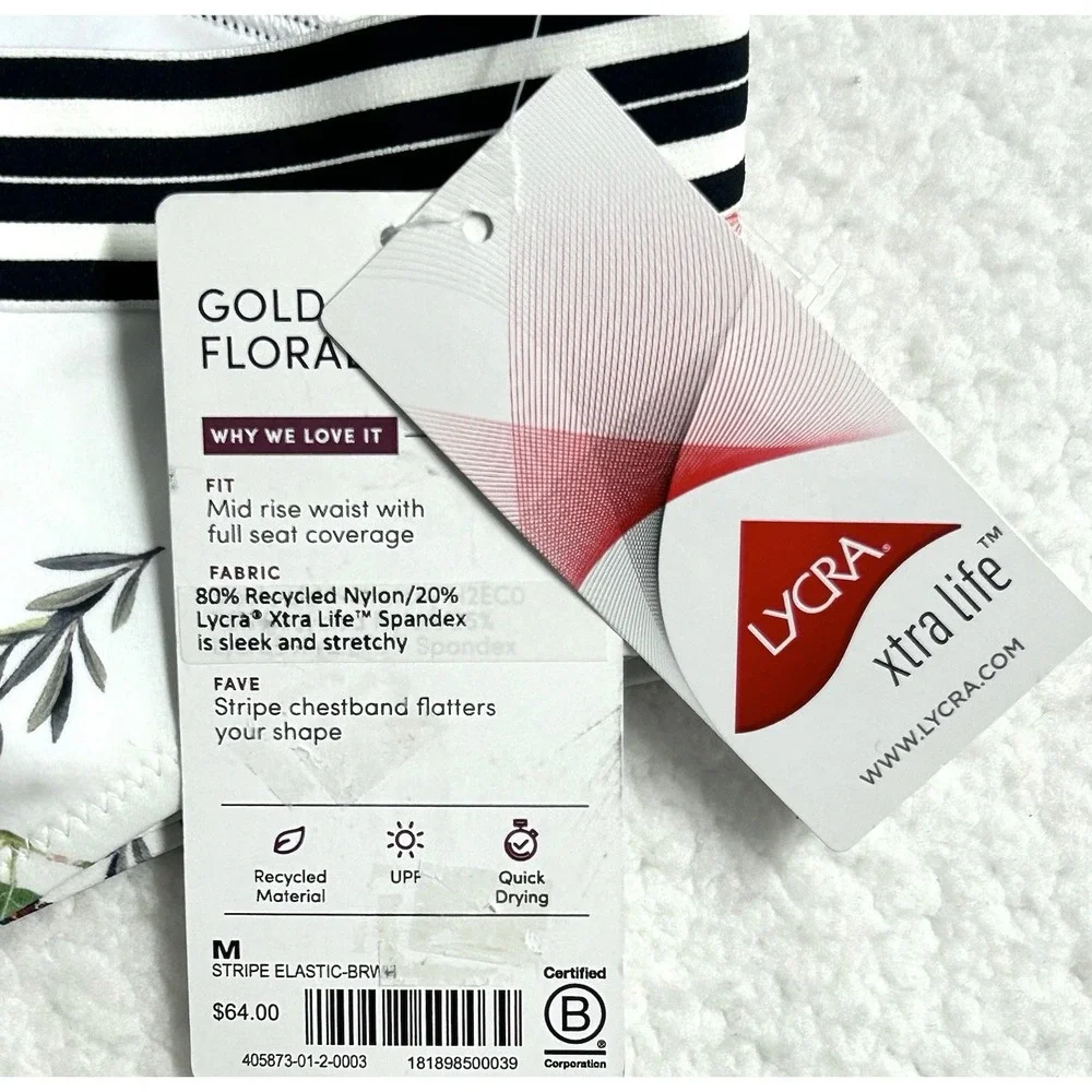 Athleta Women's Gold Coast Floral Band Swim Bikini Bottoms White Size Medium NEW